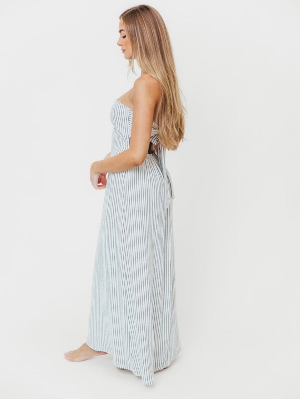 Striped Strapless Maxi Dress in Ivory and Light Blue - Picture 5 of 5